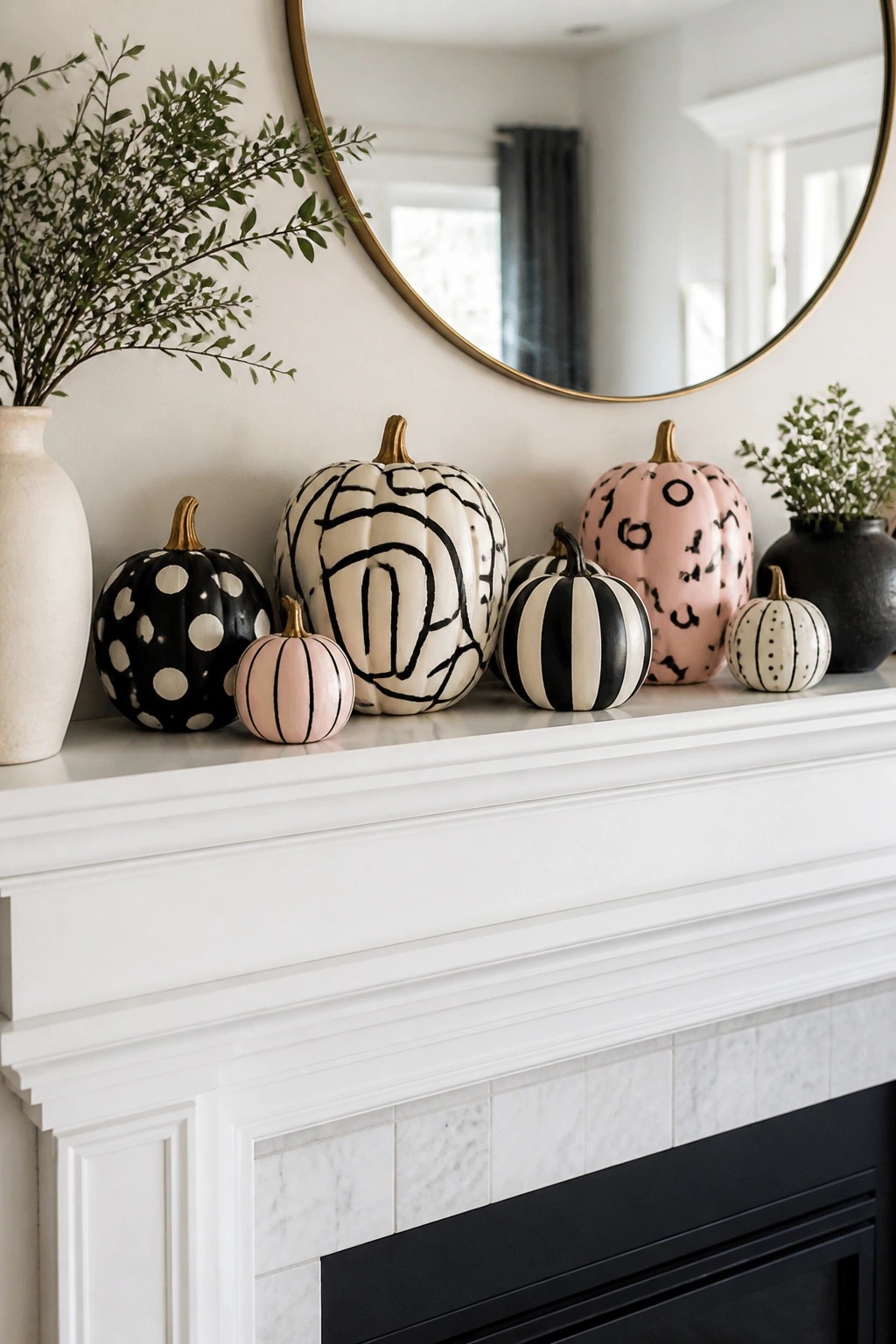 White fireplace mantel lined with mini pumpkins painted in black and white stripes, polka dots, abstract lines, and pink patterns.