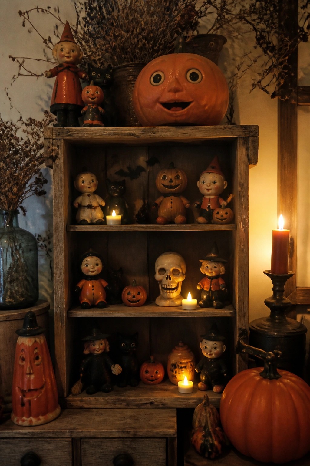 Vintage dolls, jack-o'-lanterns, black cats, skulls, and candles on wooden shelves.