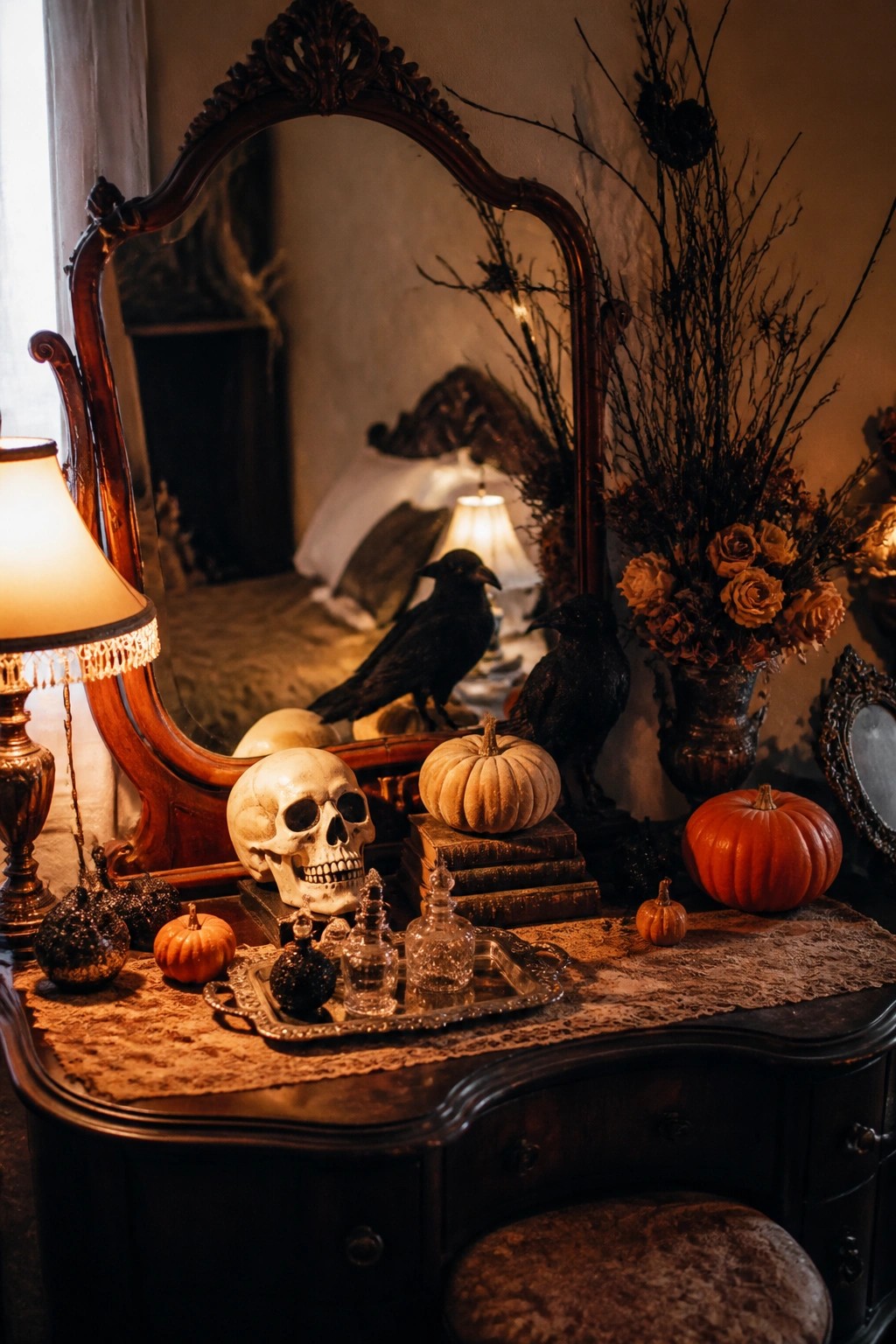 A dark wood vanity with an ornate mirror holds a skull, two black crows, small pumpkins, and glass bottles on a lace runner.