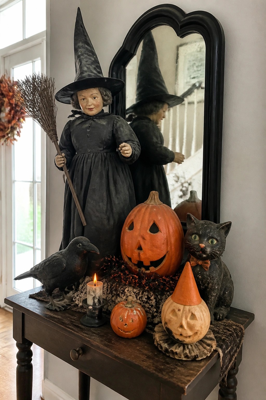 A vintage witch doll holding a broom stands on a dark wooden table next to a large carved pumpkin, black cat figure, and crow, with smaller pumpkins and a lit candle around the base and a mirror reflecting the scene.