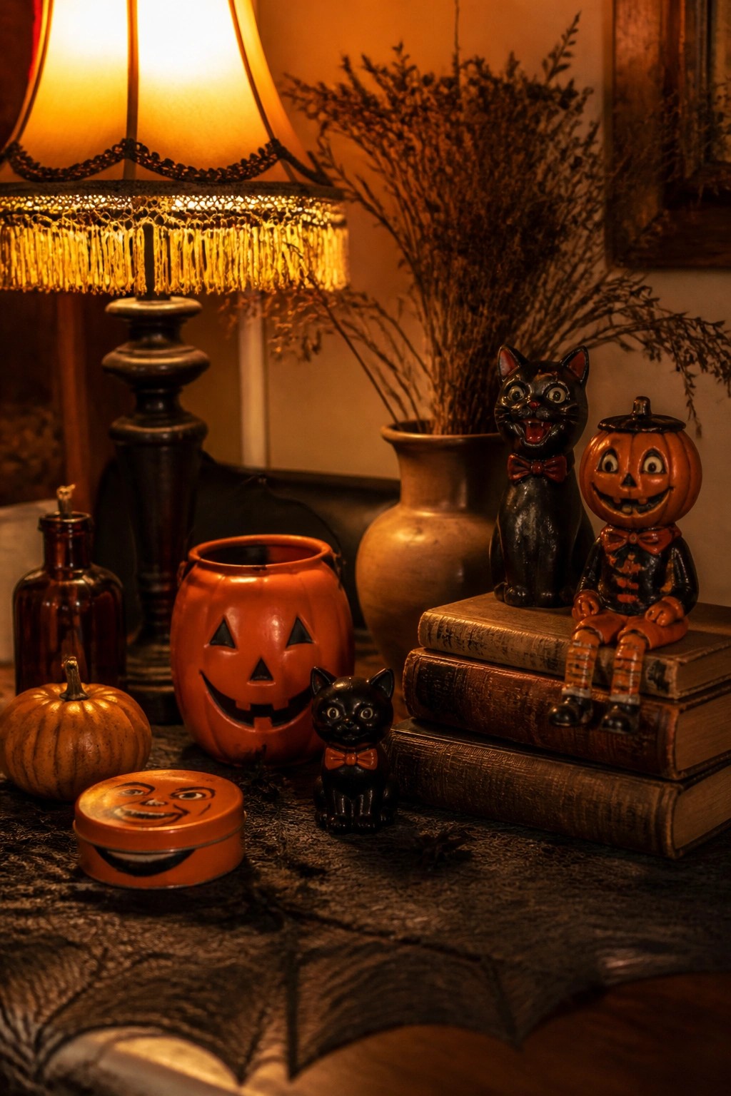 A tabletop Halloween vignette with vintage orange jack o lantern figurines, black cat ornaments, old books, and a spiderweb cloth under warm lamp light.