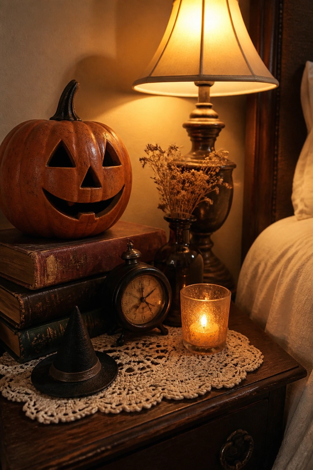 Carved pumpkin on books beside witch hat, alarm clock, and glowing candle on nightstand
