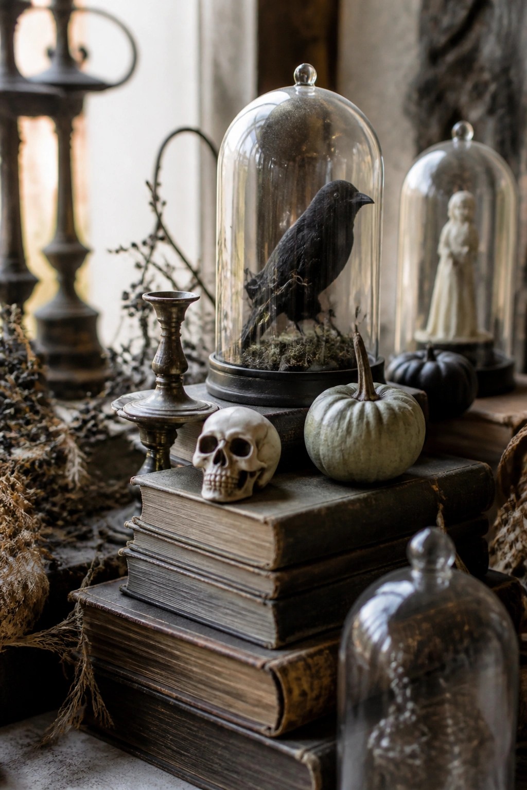 A black bird inside a glass cloche rests on stacked old books beside a small skull and pale green pumpkin.