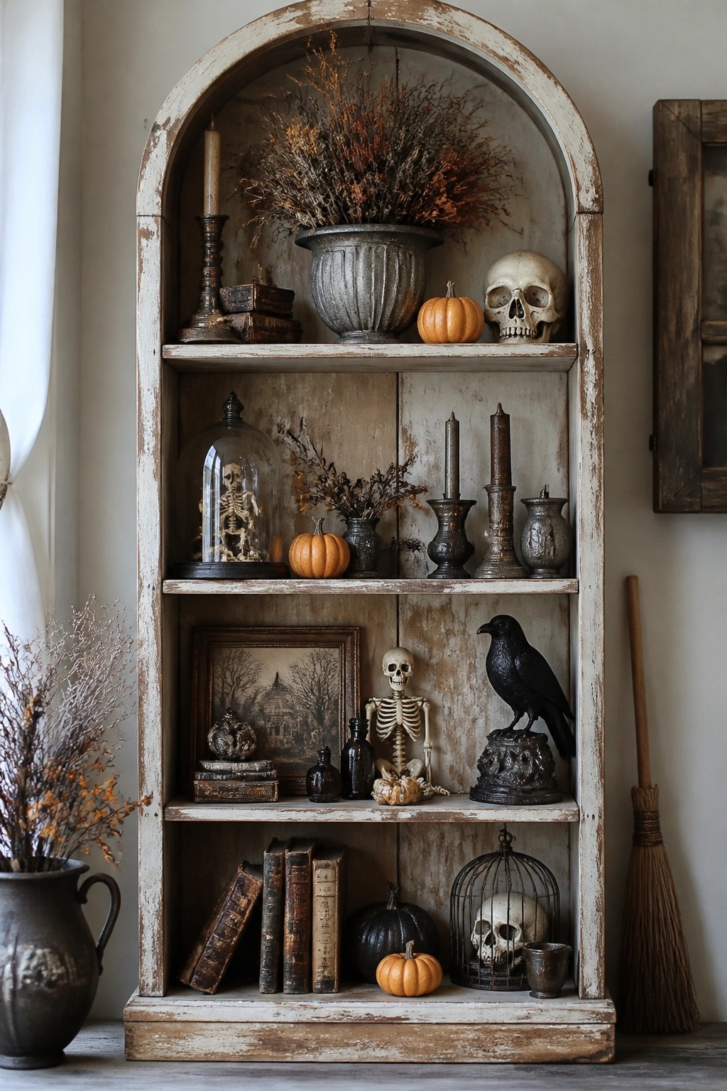 Weathered arched wooden shelves styled with vintage Halloween items including skeletons, skulls, a black crow, small pumpkins, old books, and candles.