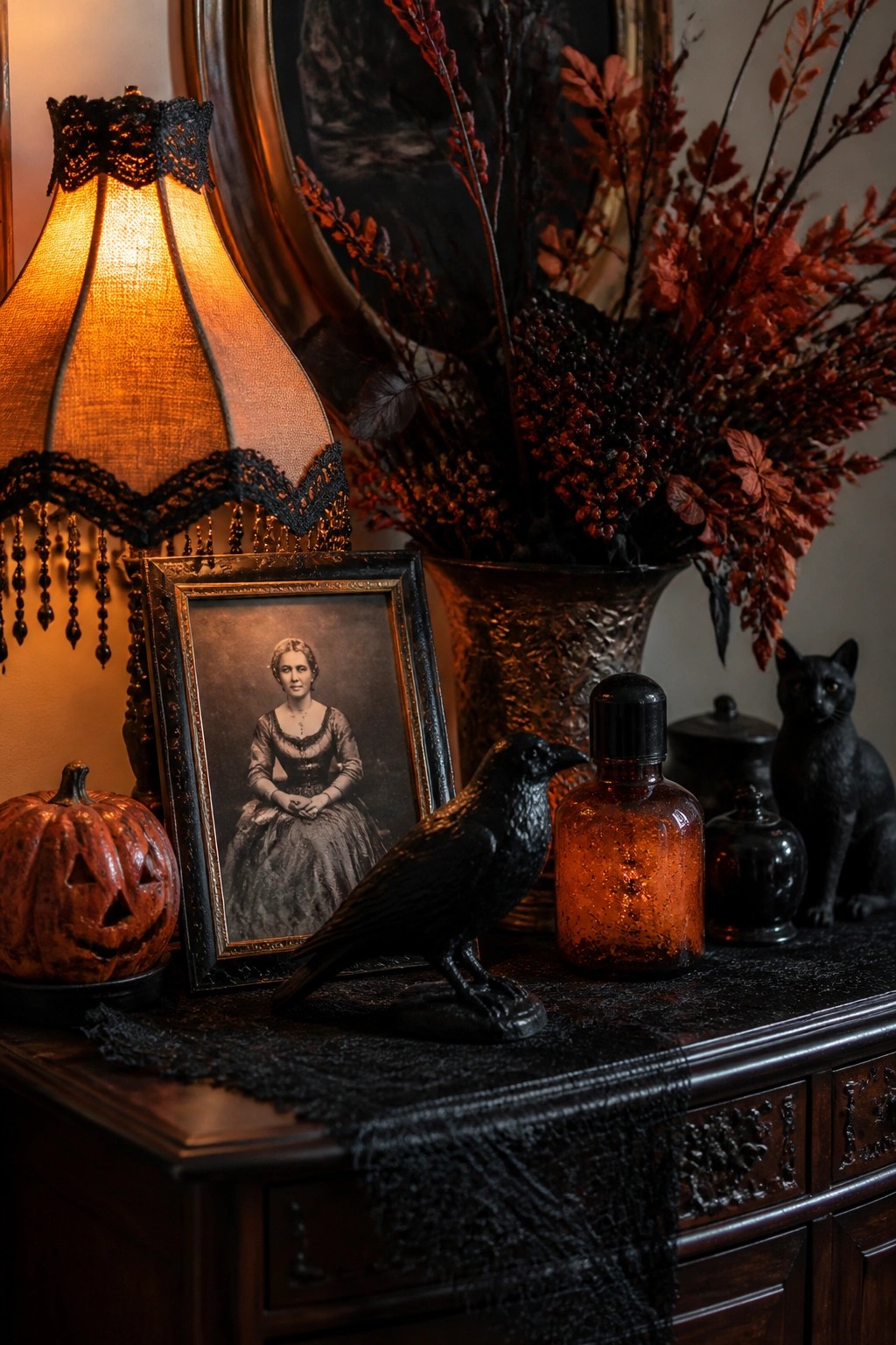 A dark wooden console holds a vintage framed portrait of a woman, a black raven figurine, a carved jack-o'-lantern, and an amber glass bottle beside dried foliage.