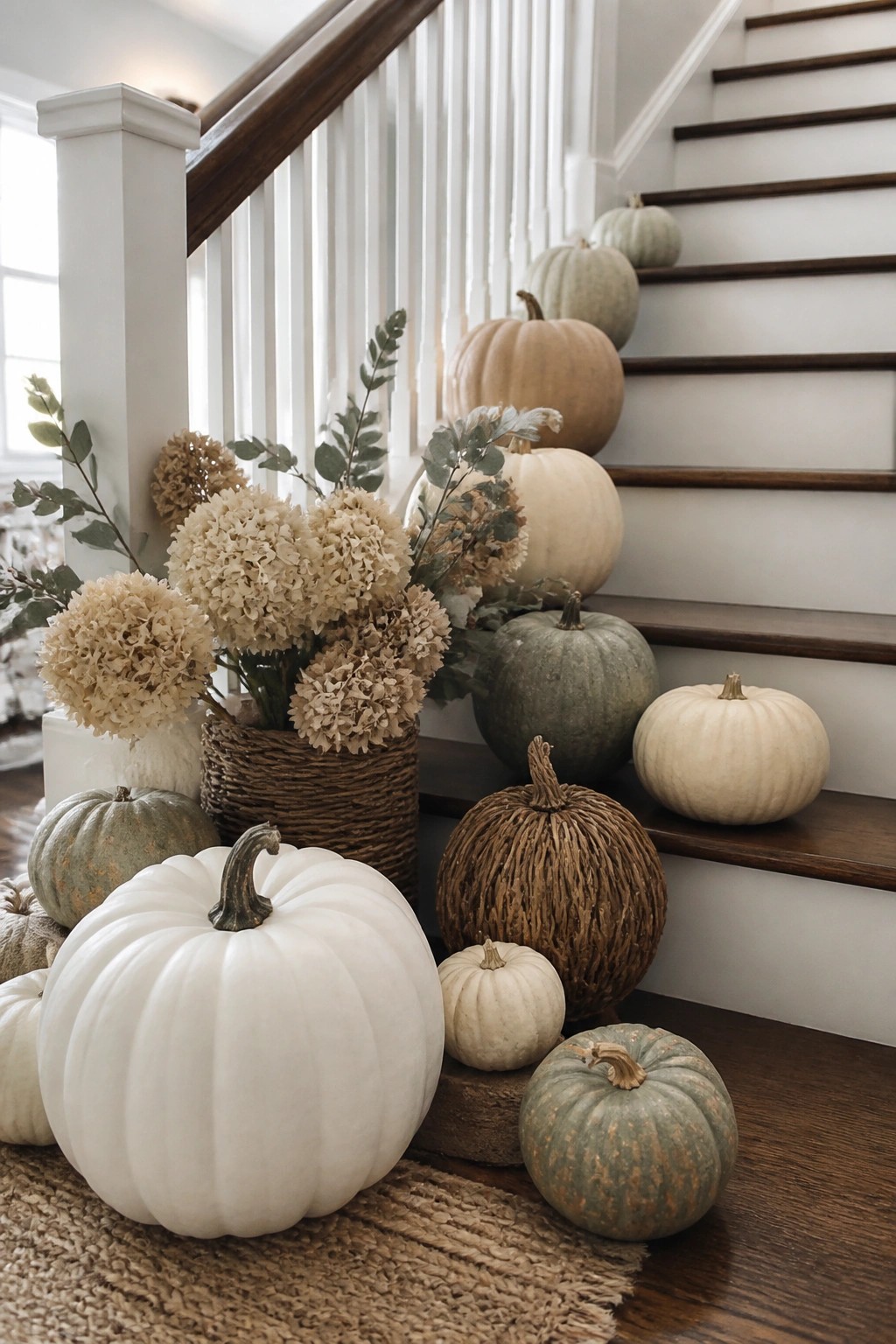 Assorted white, green, and beige pumpkins with dried flowers on a staircase