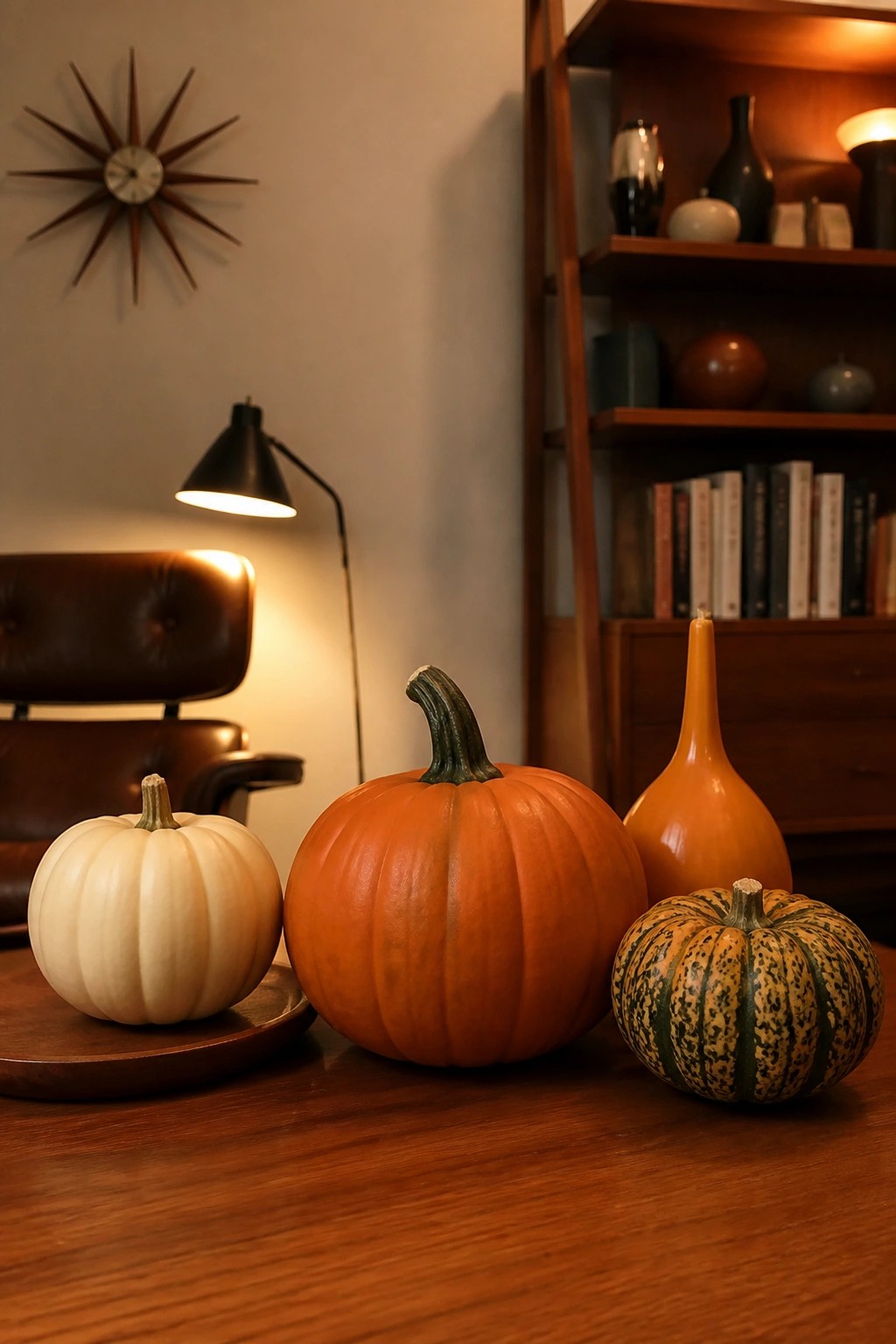 Three pumpkins in white, orange, and speckled green sit on a wooden table in a living room with a leather chair and bookshelf in the background.