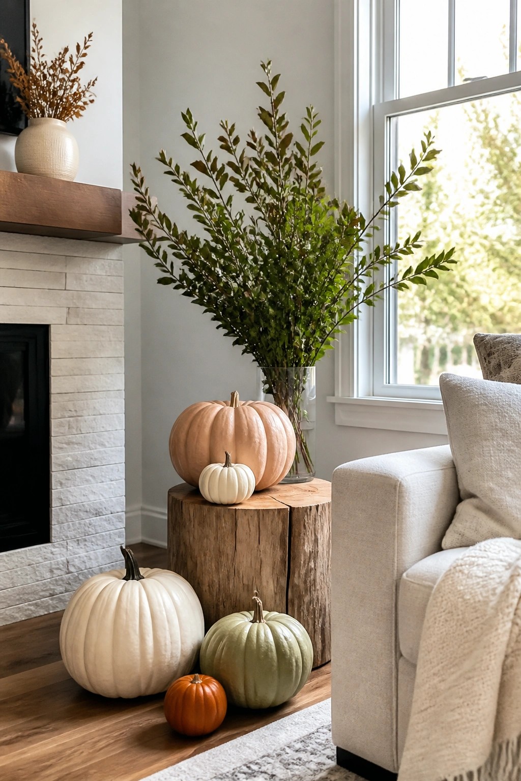 Living room corner with assorted white, peach, and green pumpkins clustered around a wooden tree stump beside a stone fireplace.