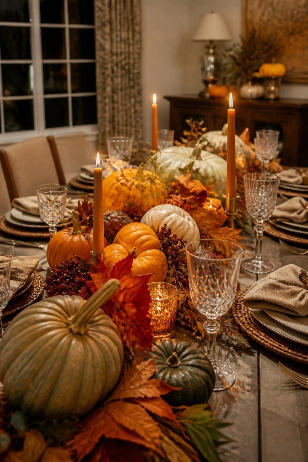 A long dining table set with a centerpiece of orange, white, and green pumpkins, lit taper candles, and scattered autumn leaves.