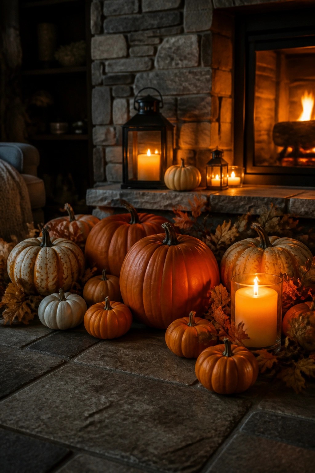 Various pumpkins, lit candles, and lanterns arranged by stone fireplace with autumn leaves