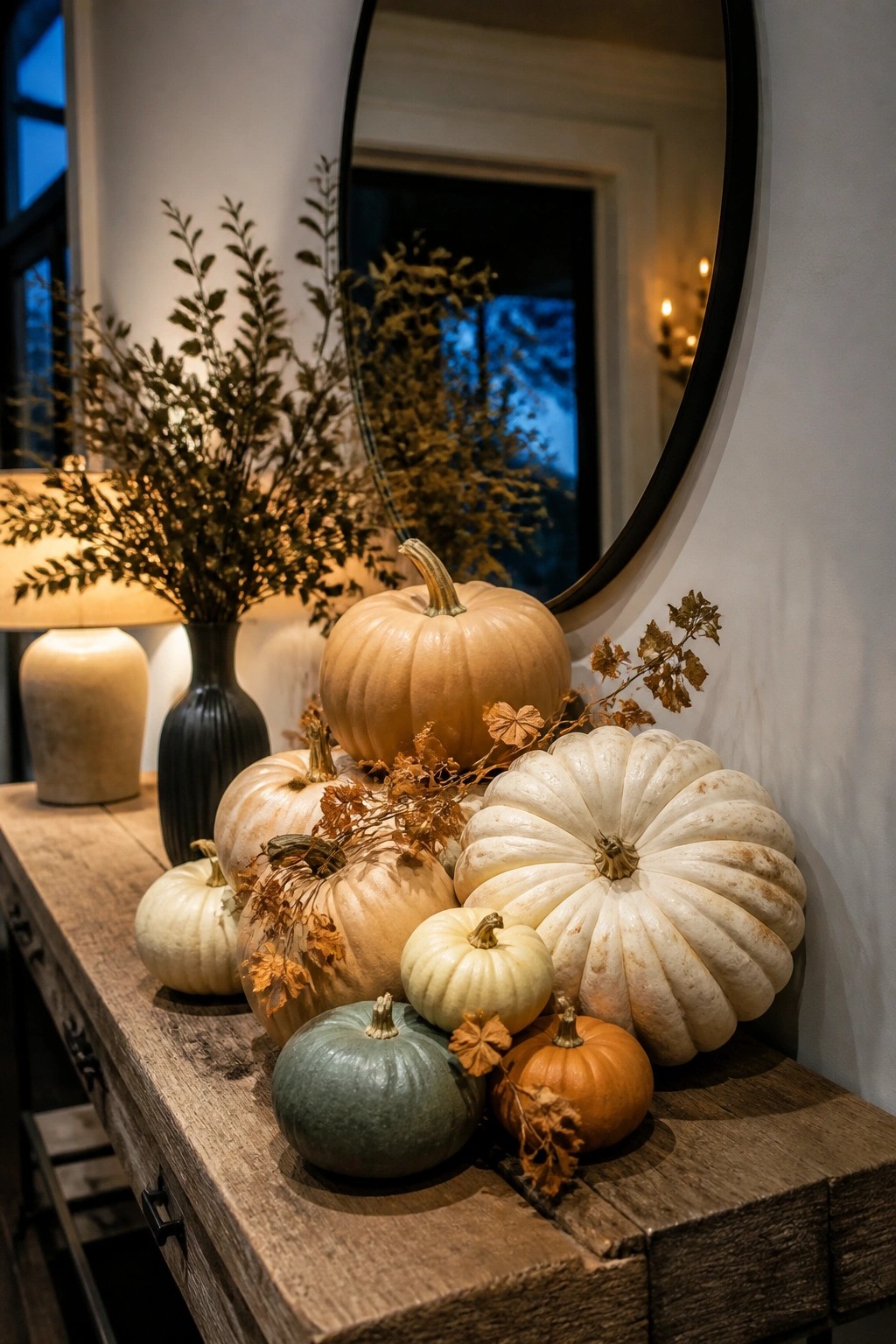 Wooden console table topped with assorted white, beige, and orange pumpkins plus dried foliage beneath a round wall mirror.