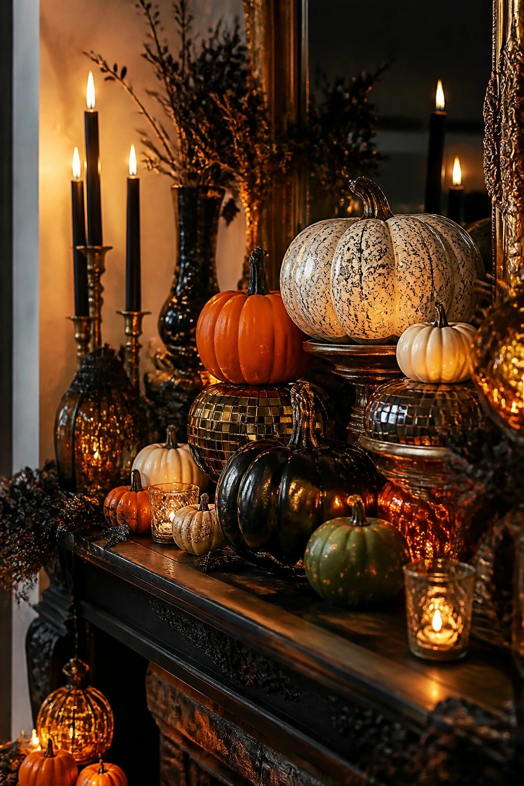 Dark mantel adorned with colorful pumpkins, black candles, and mirrored spheres.
