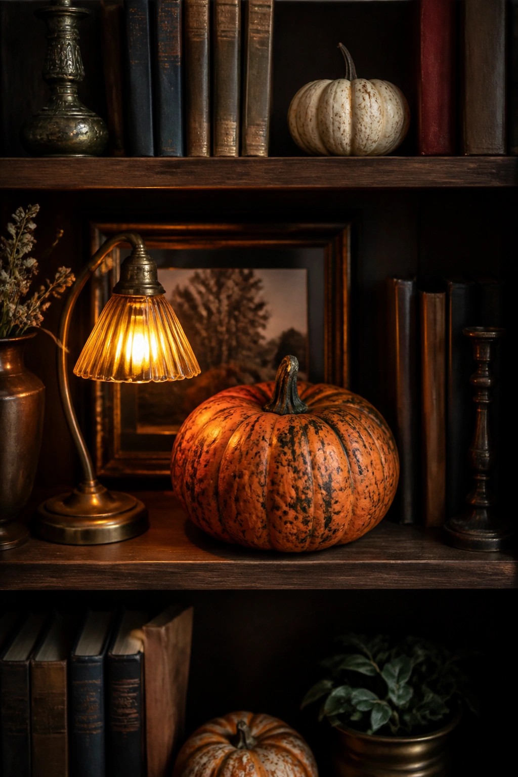 Wooden bookshelf styled with orange and white pumpkins placed among old books and a lit brass lamp.