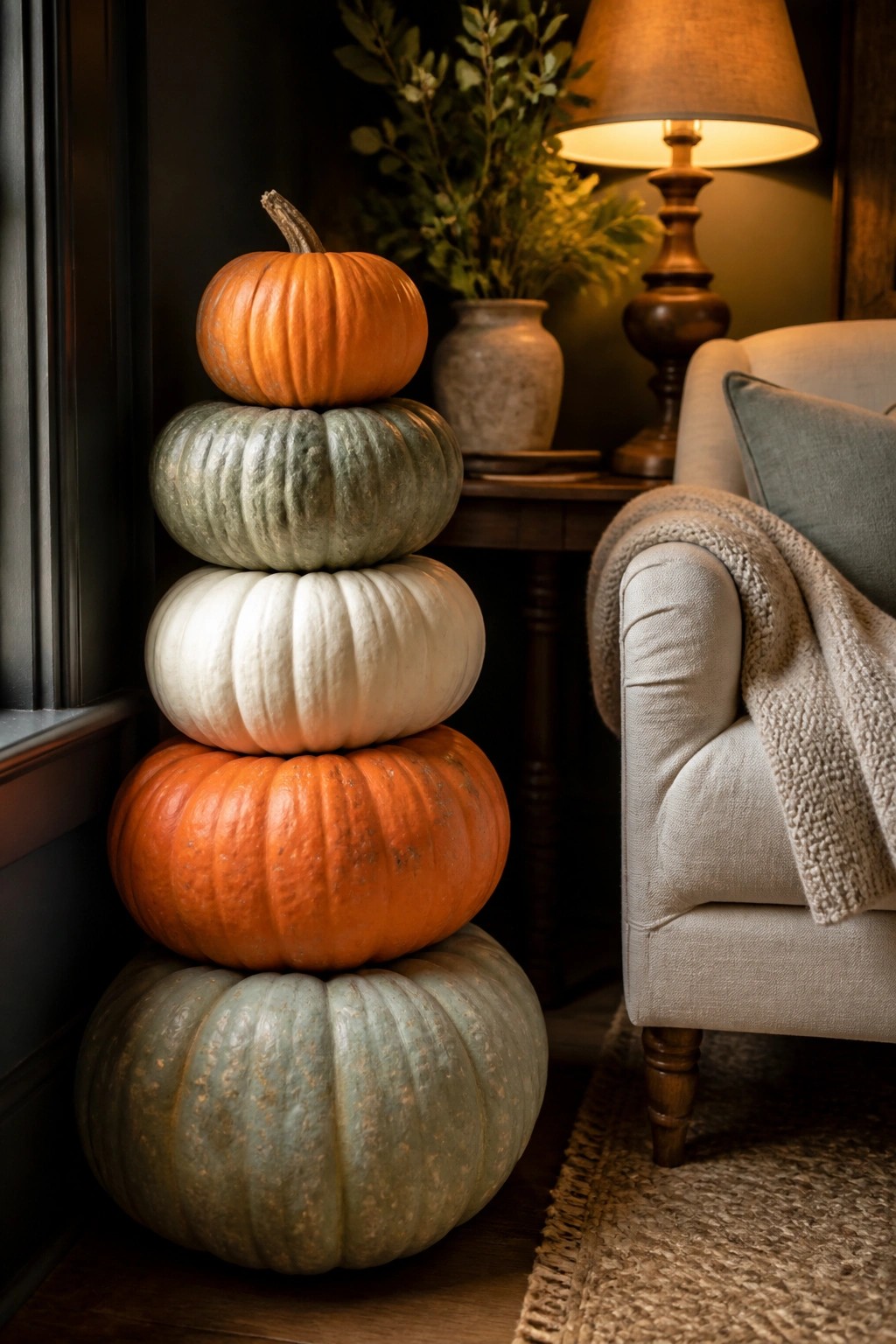 Tall stack of orange, white, and green pumpkins arranged indoors next to an armchair.
