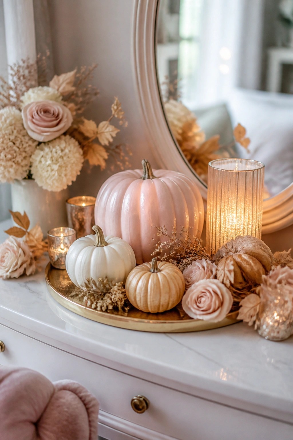 Pastel pumpkins, pink roses, and lit candles on gold tray atop white vanity
