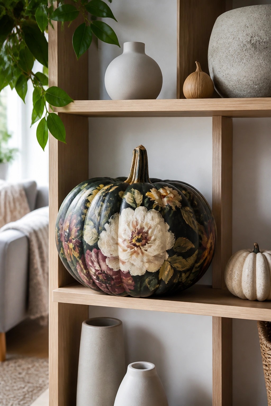 Floral painted pumpkin on wooden shelf with ceramic vases and small gourds