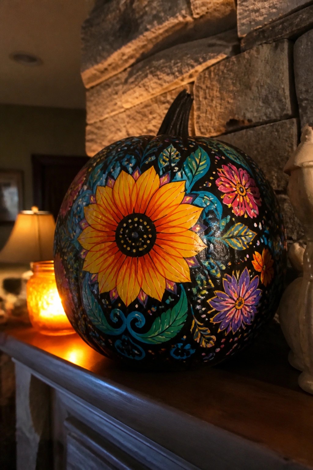 A large black pumpkin painted with a yellow sunflower, pink and purple flowers, and colorful leaves sits on a stone fireplace mantel next to a lit candle jar.