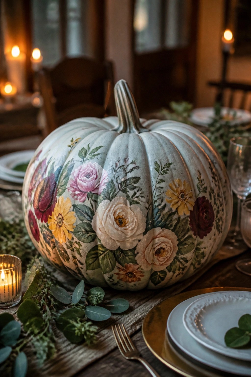 Floral-painted white pumpkin centerpiece on a candlelit wooden dining table.