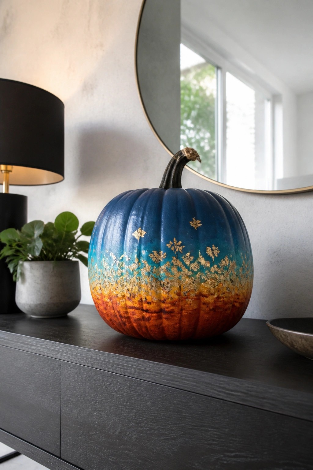 Blue-orange gradient pumpkin with gold accents on dark wooden console table