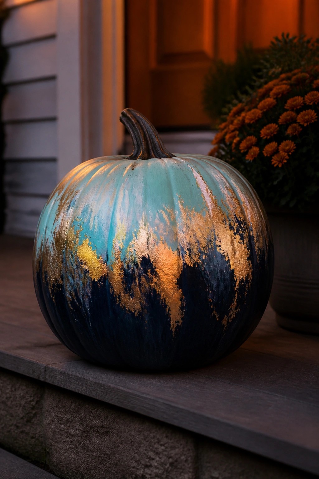 A large pumpkin with metallic blue, gold, and dark blue paint sitting on wooden porch steps next to orange flowers.