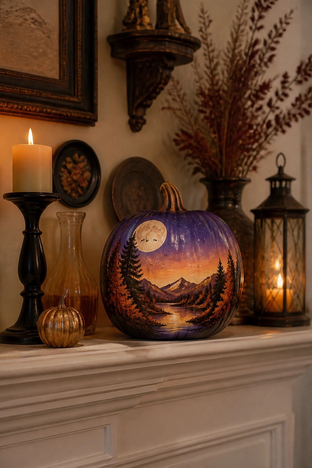 Large pumpkin painted with a night landscape scene featuring a full moon, mountains, and trees, displayed on a white mantel with candles and autumn accents.