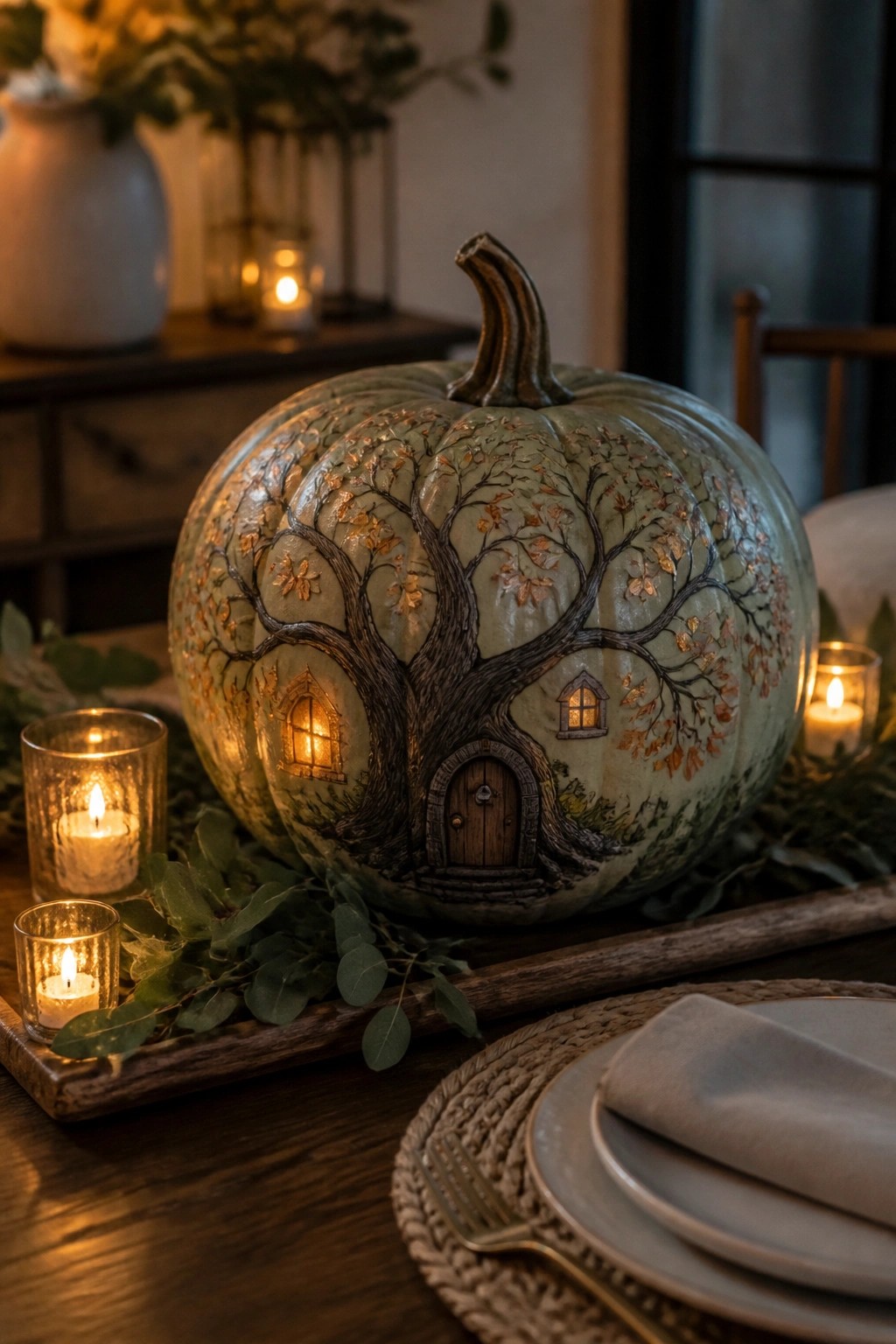 A large green pumpkin painted with a treehouse design and glowing windows sits on a wooden tray as a dining table centerpiece.