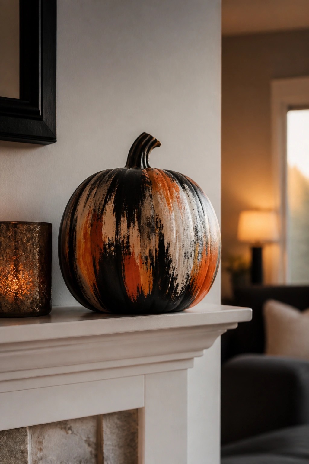 White fireplace mantel holding a large pumpkin painted with bold black, orange, and white brushstrokes next to a lit candle holder.