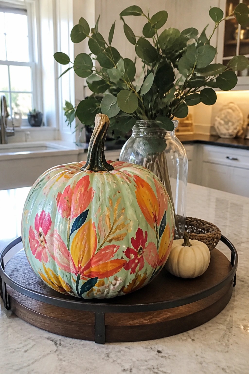 Floral-painted pumpkin with pink-orange blooms on wooden tray beside white gourd and eucalyptus.