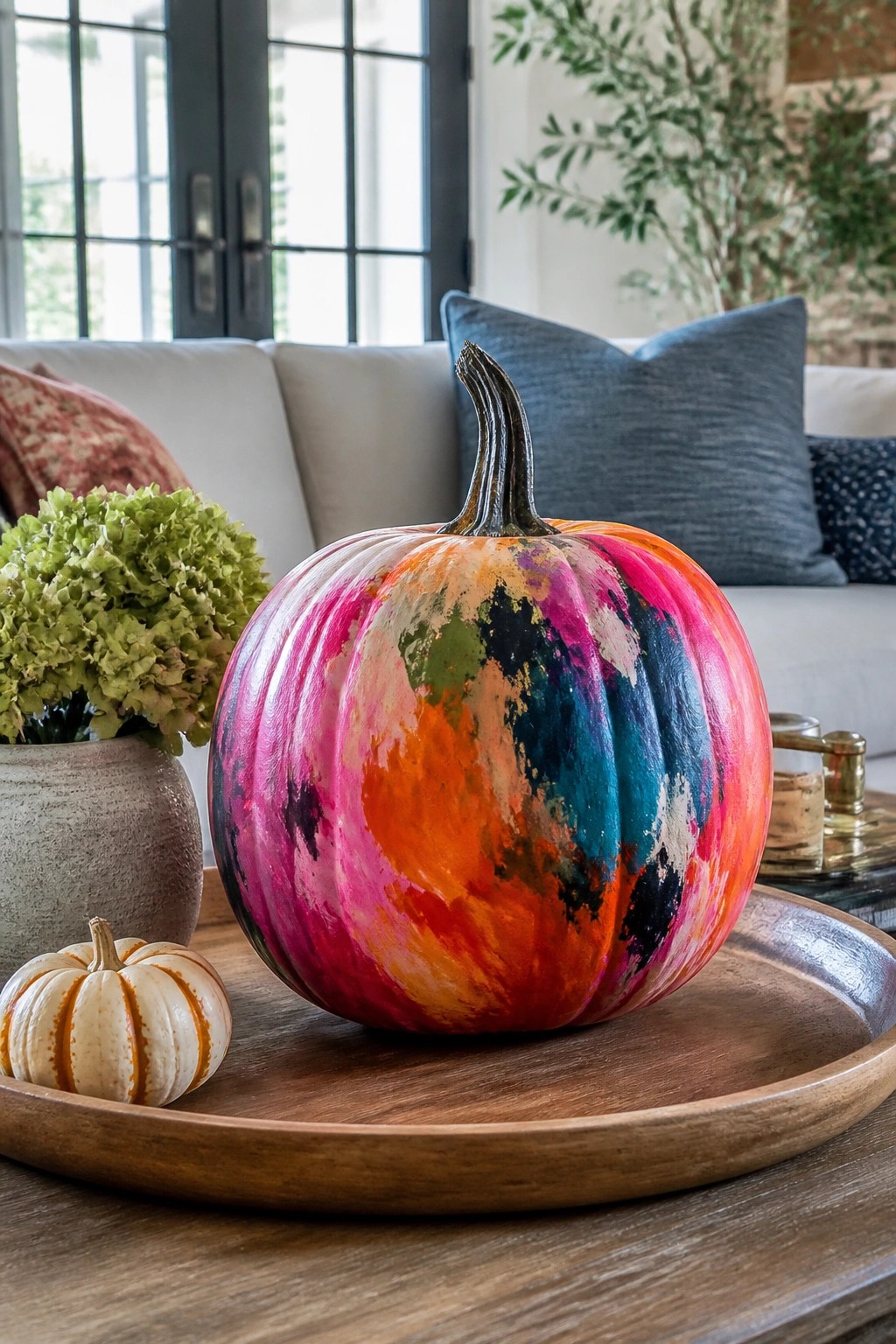 Large colorful painted pumpkin and small striped gourd on wooden tray