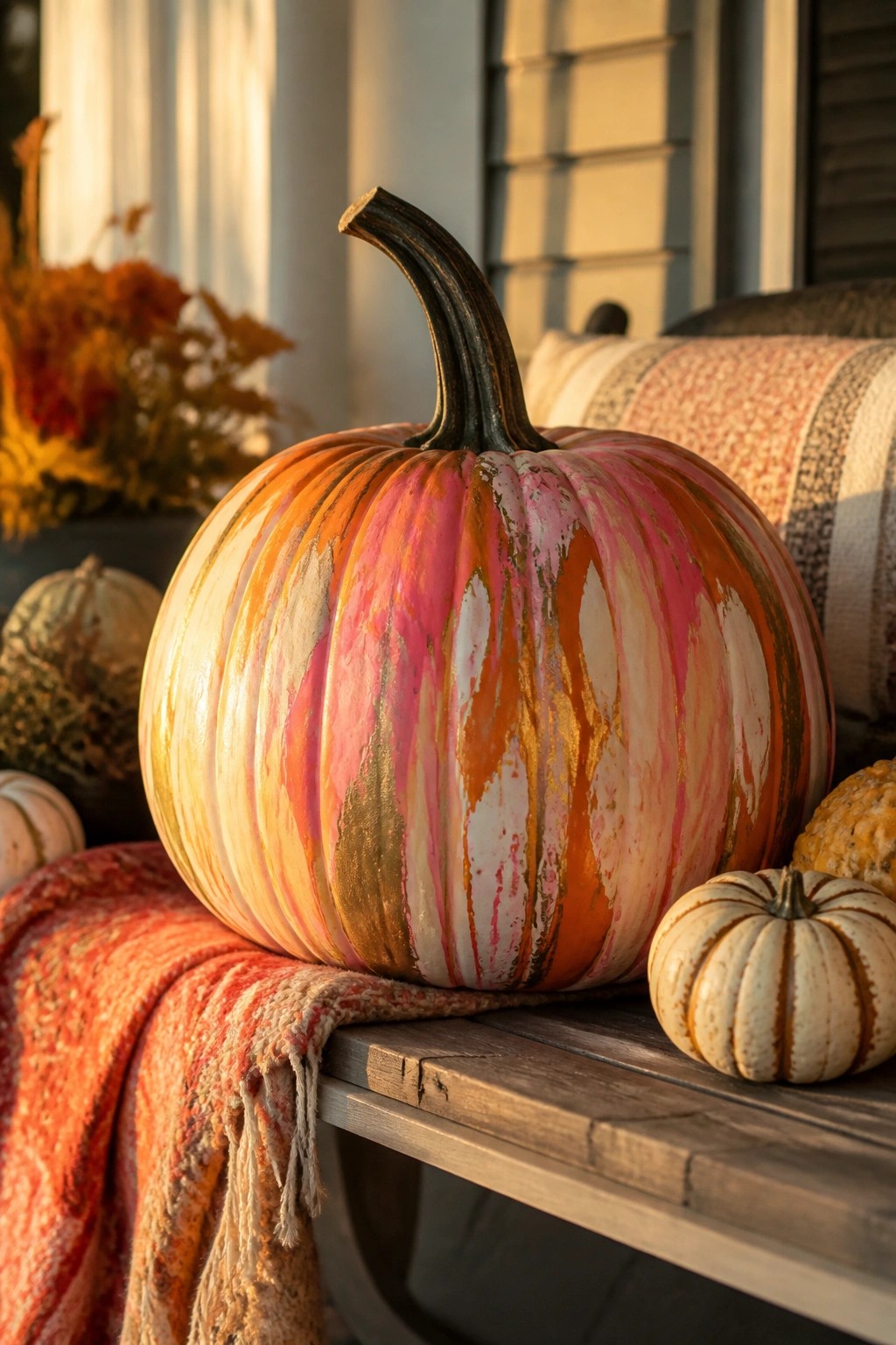 Large pumpkin painted with pink, orange, and gold swirls sitting on a wooden bench next to smaller white and orange pumpkins.