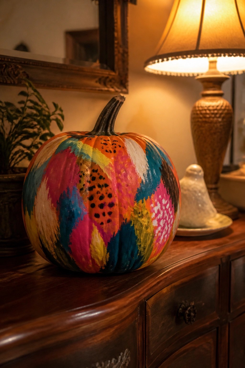 A large pumpkin covered in bold colorful abstract paint strokes rests on a dark wooden console table.