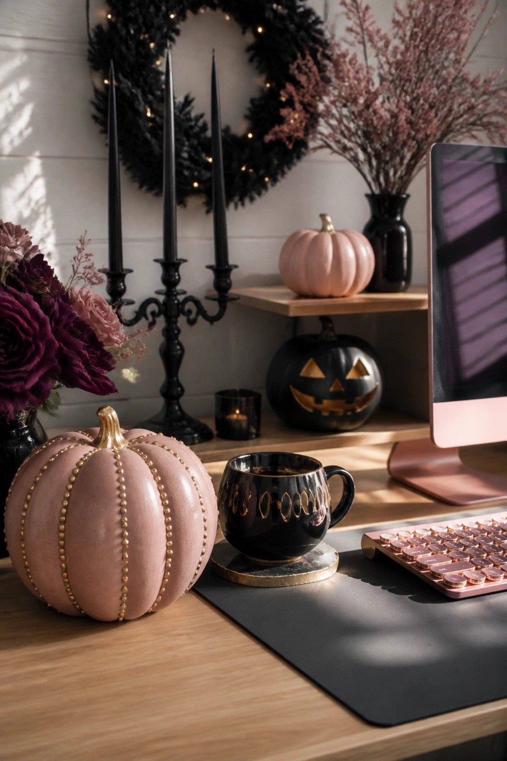 Cozy fall desk with pink beaded pumpkin, black mug, pink keyboard, and black pumpkin