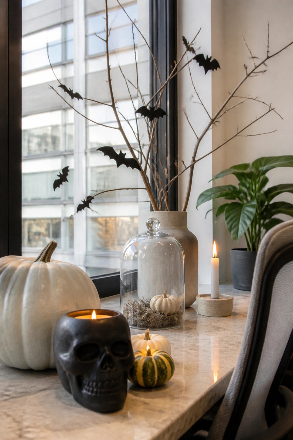 Office desk vignette featuring a vase of bare branches with black paper bats, a black skull candle, small pumpkins, and a lit taper candle on a marble surface.