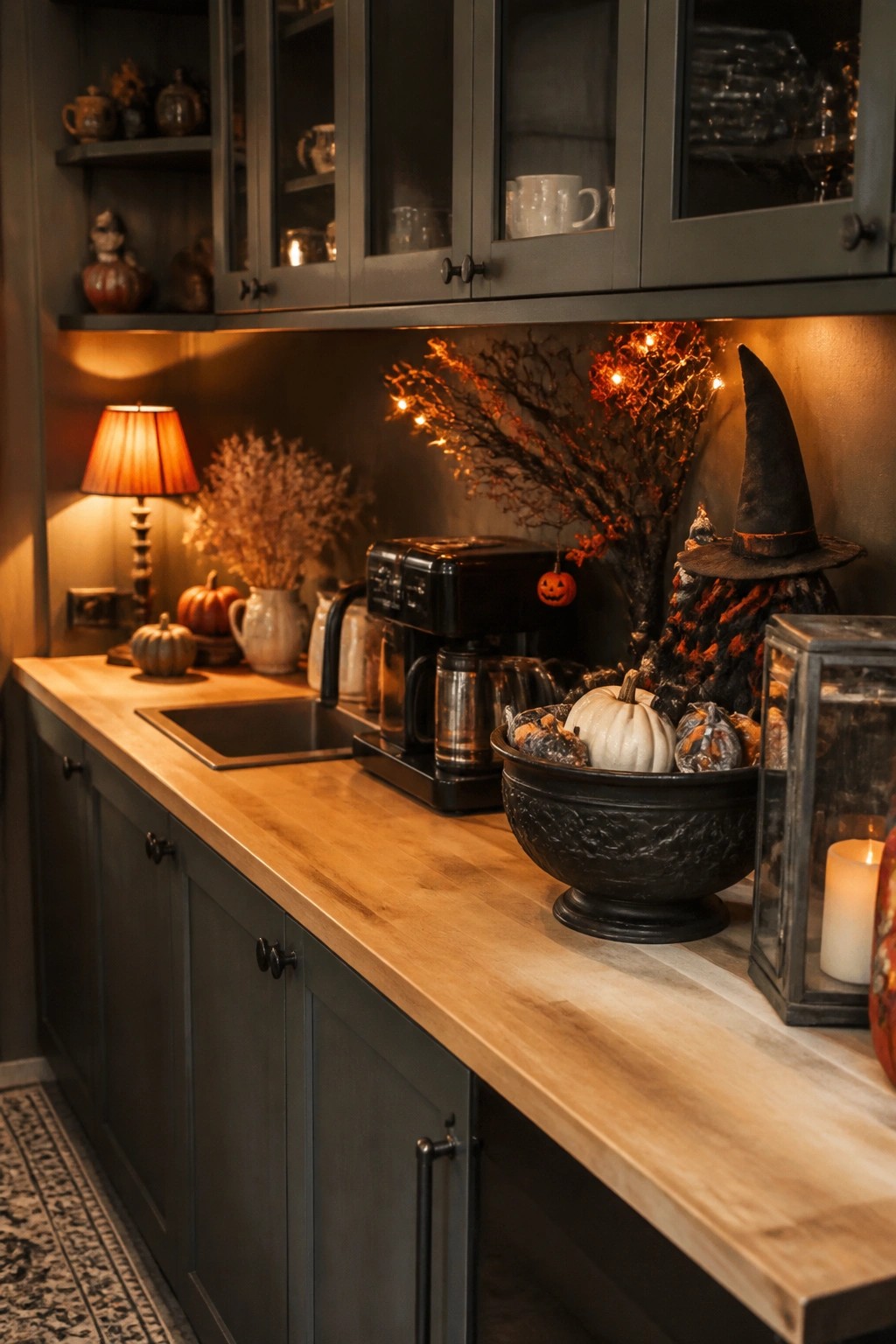 Kitchen counter with black branches strung with orange lights, a witch hat, a bowl of small pumpkins, and a coffee maker.