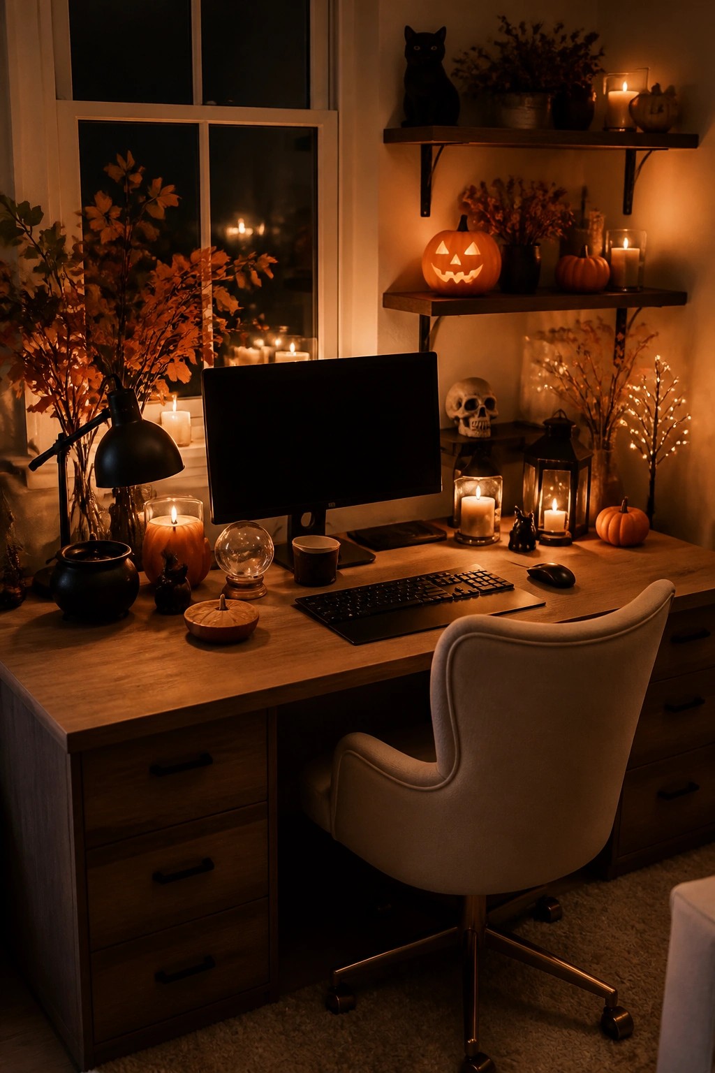A home office desk with a carved jack o lantern on the upper shelf, a skull, candles, and small pumpkins arranged around the computer monitor.