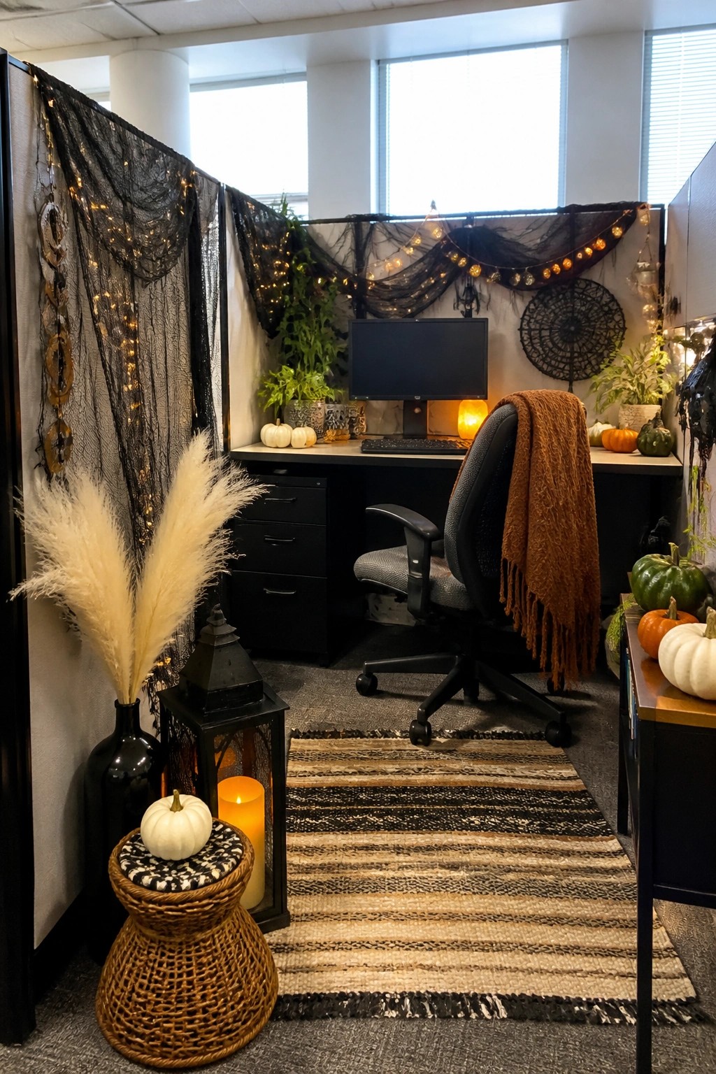 Office cubicle decorated with black sheer fabric, string lights, and spiderwebs across the walls along with pumpkins on the desk.