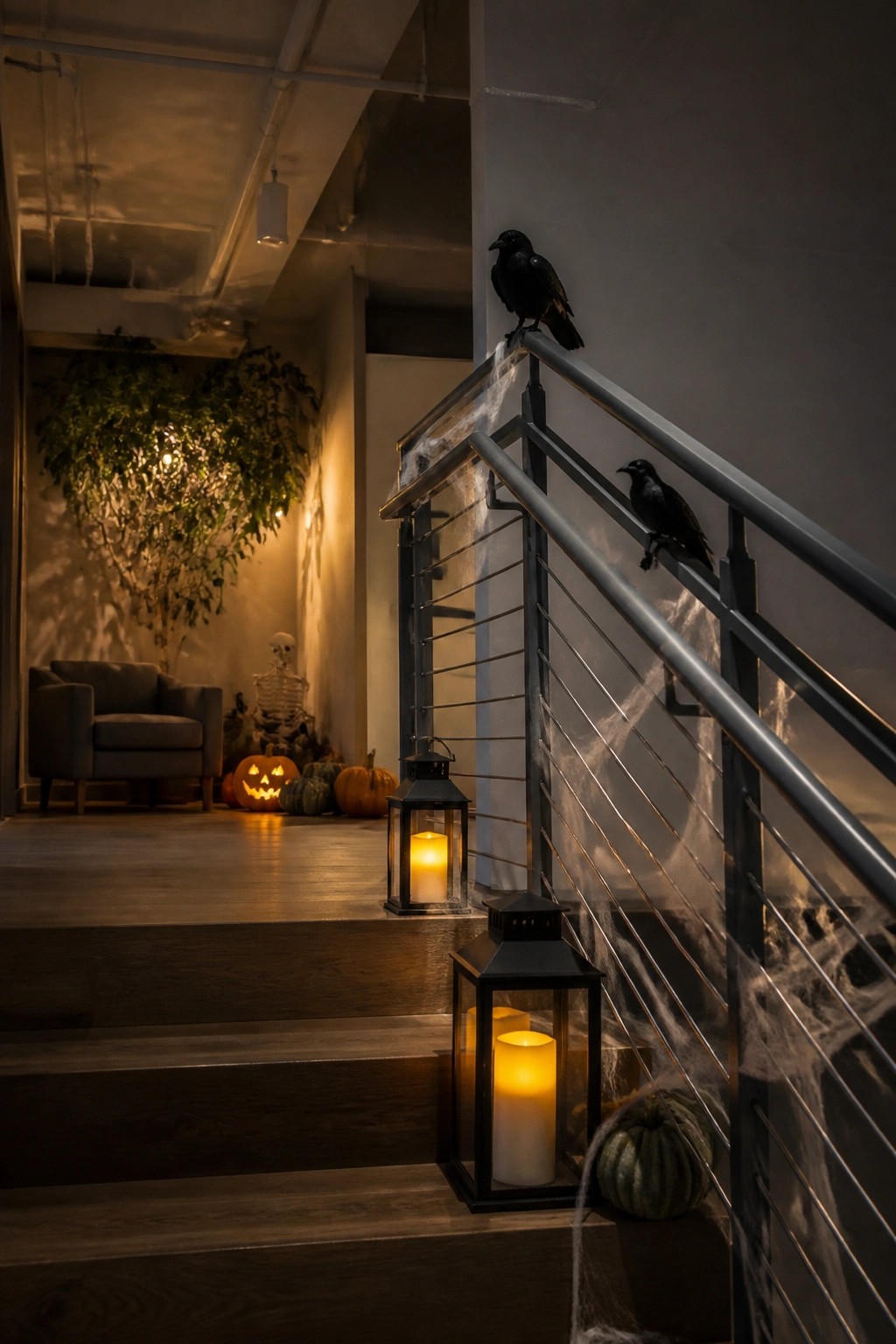 Spooky Halloween staircase with black crows, spiderwebs, glowing lanterns, and pumpkins.