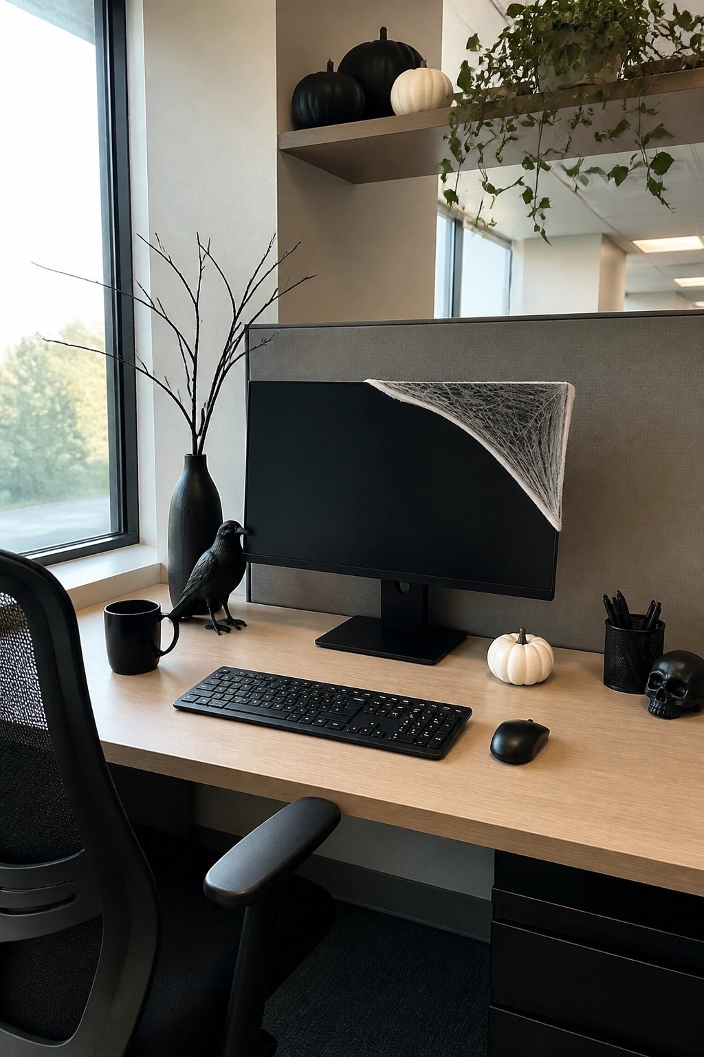 Office desk with spiderweb on monitor, black crow, pumpkins, skull, and keyboard