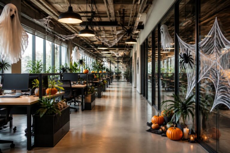 23 Fun Office Halloween Looks That Bring Seasonal Spirit to Work Modern office lounge with gray sofa, pumpkins, skull, bats, and witch hat lights.