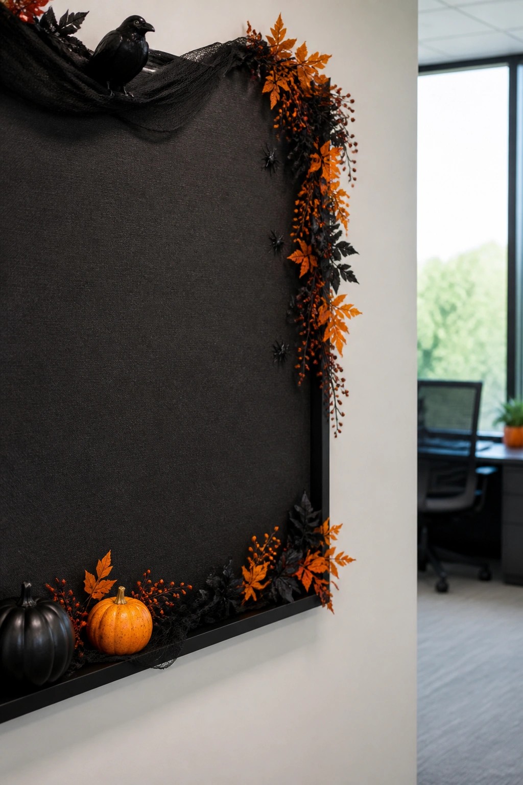 Halloween-decorated black panel with raven, pumpkins, spiders, orange leaves in office.