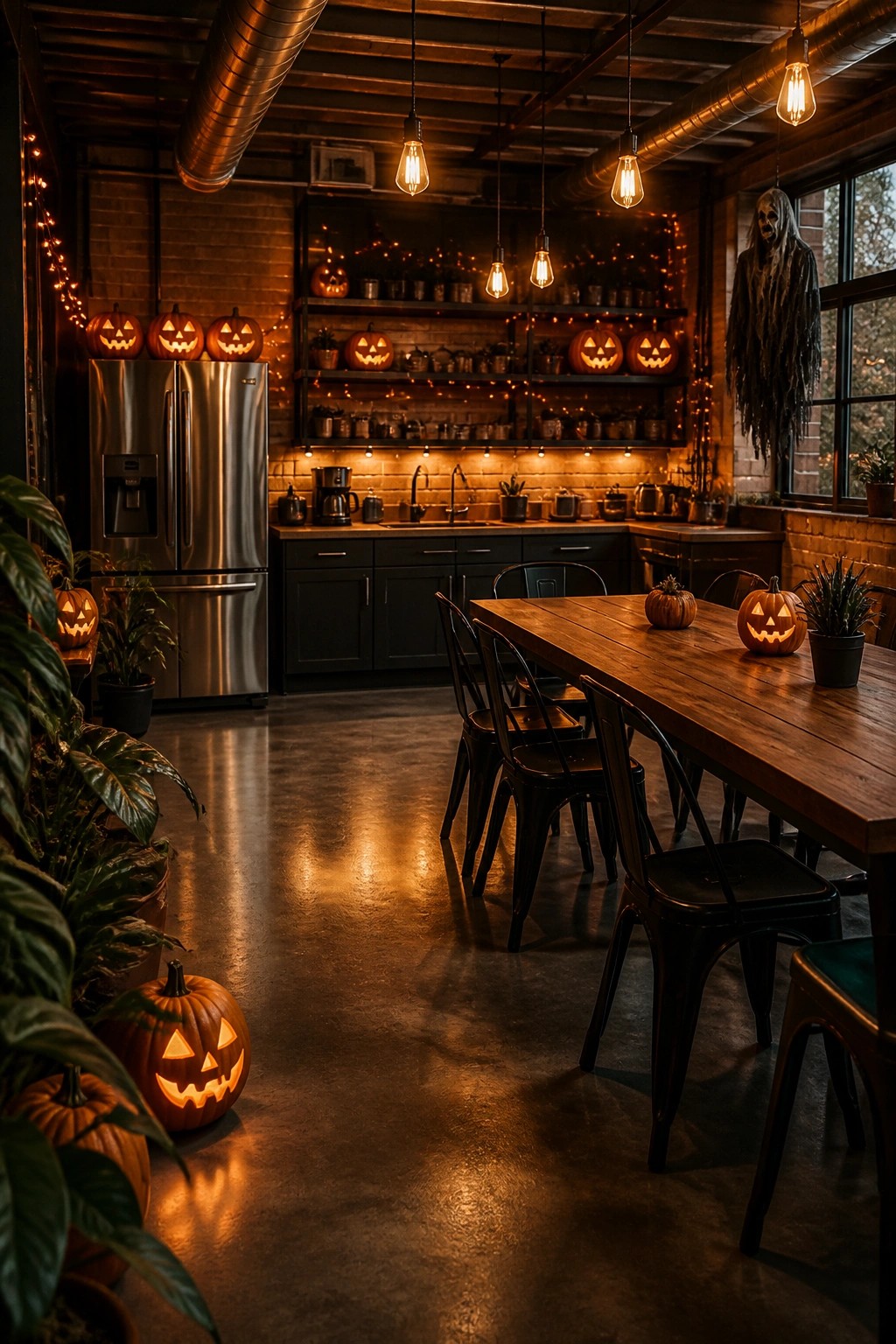 Industrial kitchen and dining area decorated with multiple glowing jack-o'-lanterns on open shelves, counters, and a long wooden table, plus string lights and a hanging ghost figure.