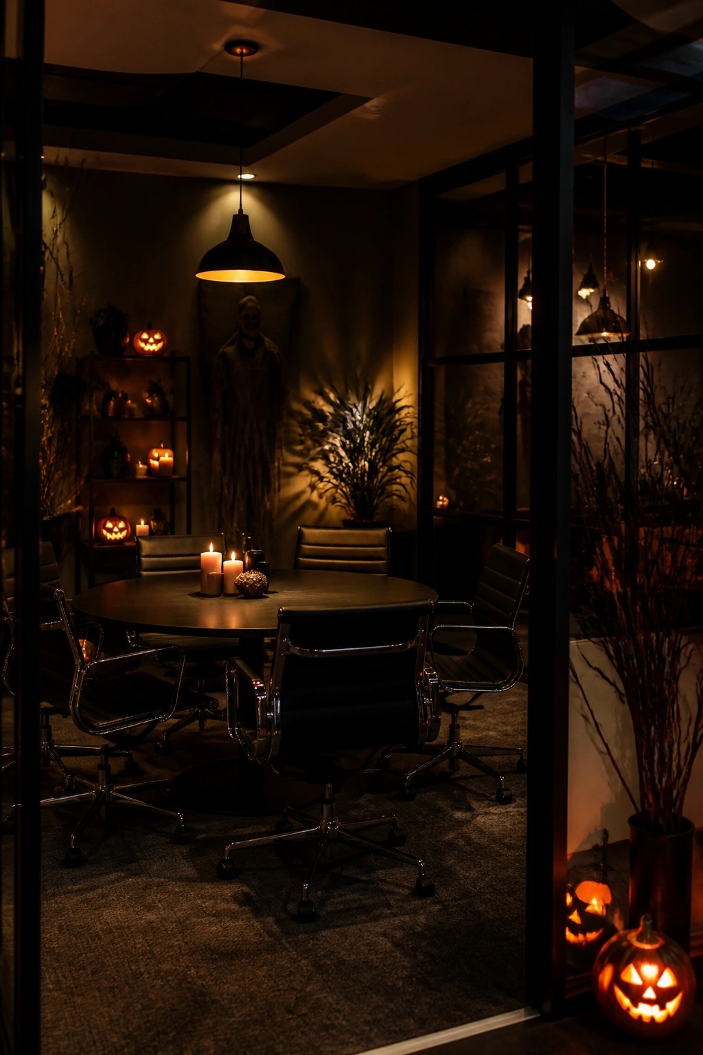 Office conference room decorated with multiple glowing jack o lanterns on shelves and the floor, plus a large hanging ghost figure on the back wall.