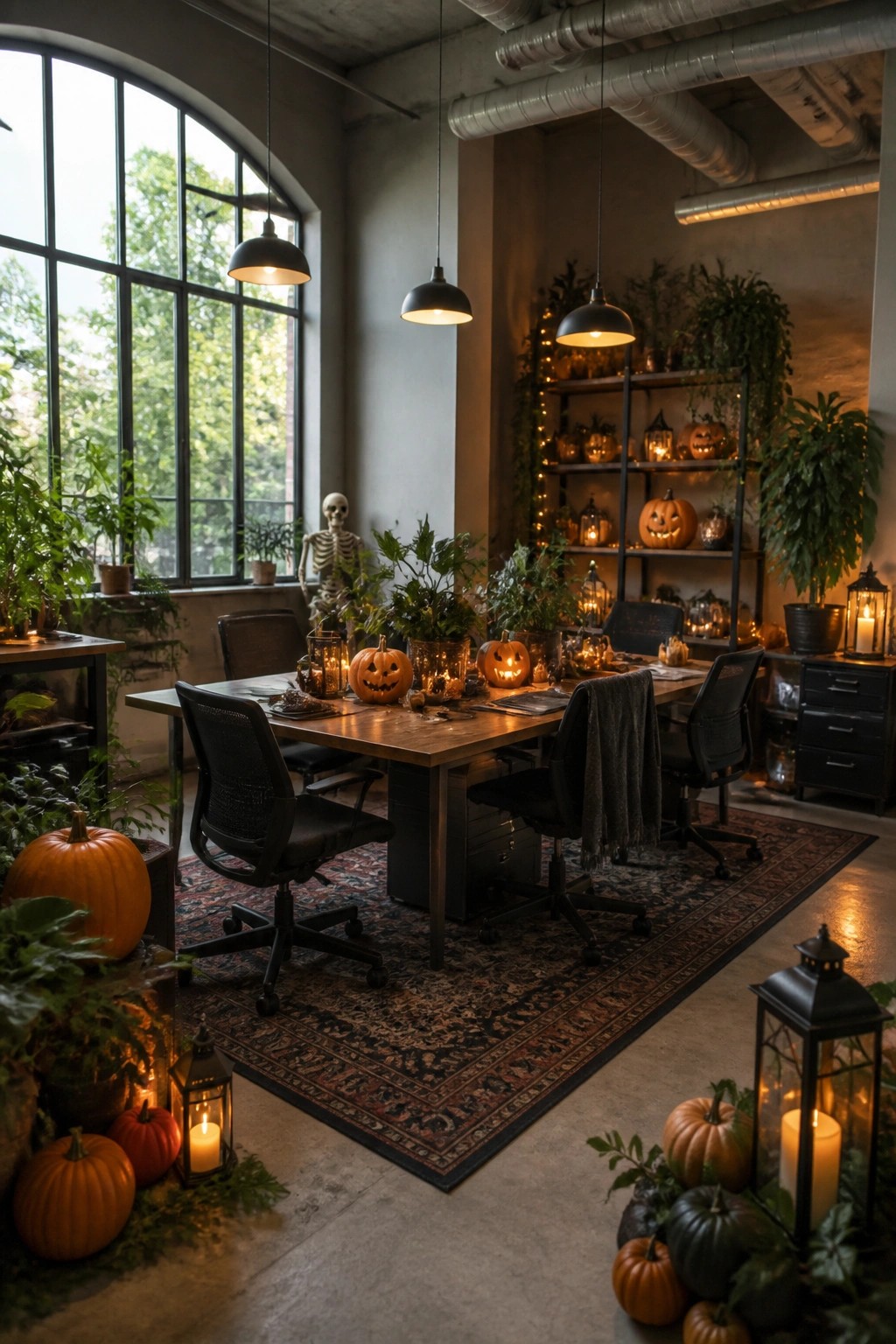 Large office table decorated with several carved jack o lanterns and candles, with a skeleton standing near shelves also filled with pumpkins.
