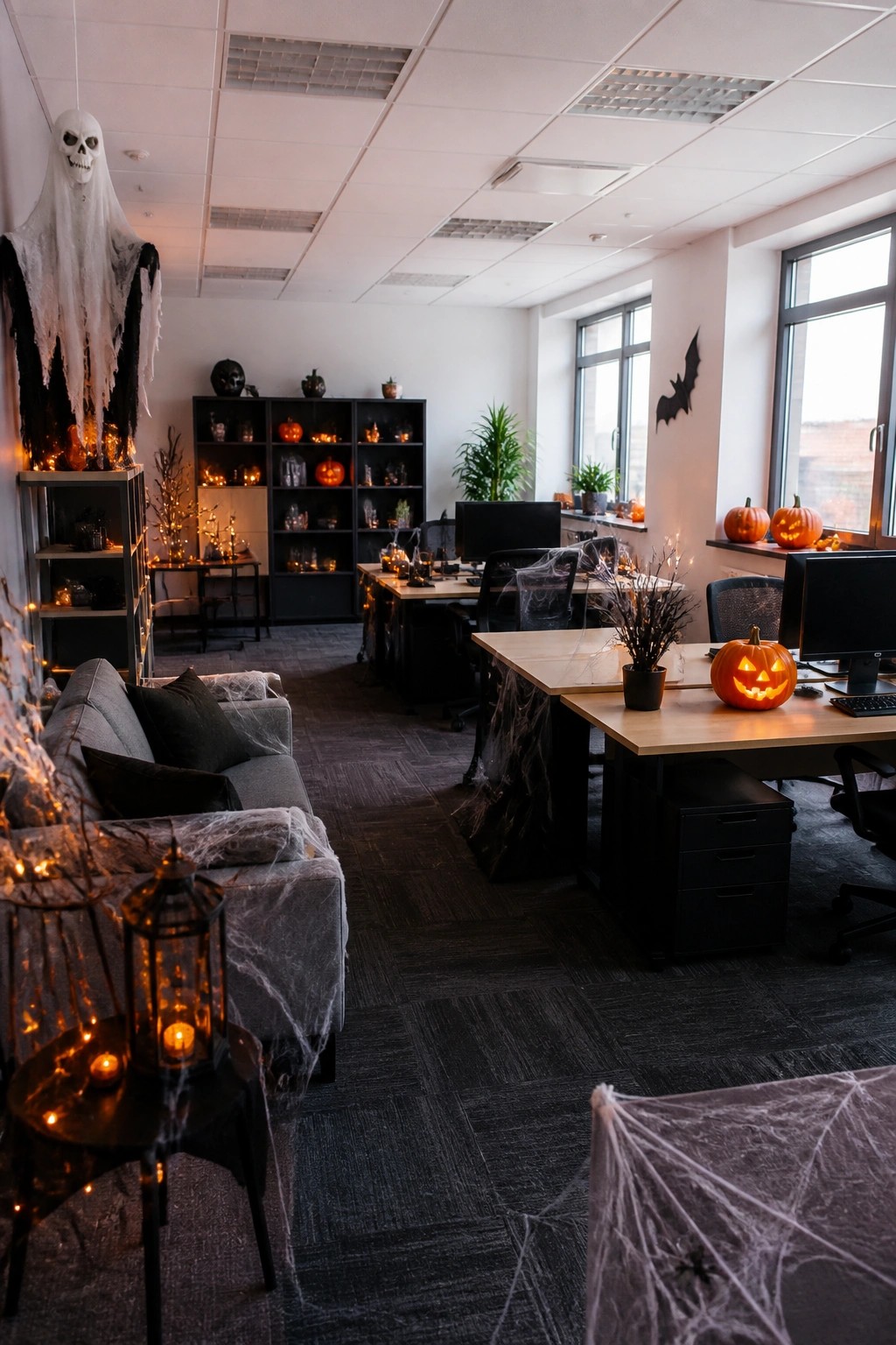 Office space decorated with a large hanging ghost, spiderwebs draped over desks and a sofa, bats on the wall, and carved jack-o'-lanterns on tables.