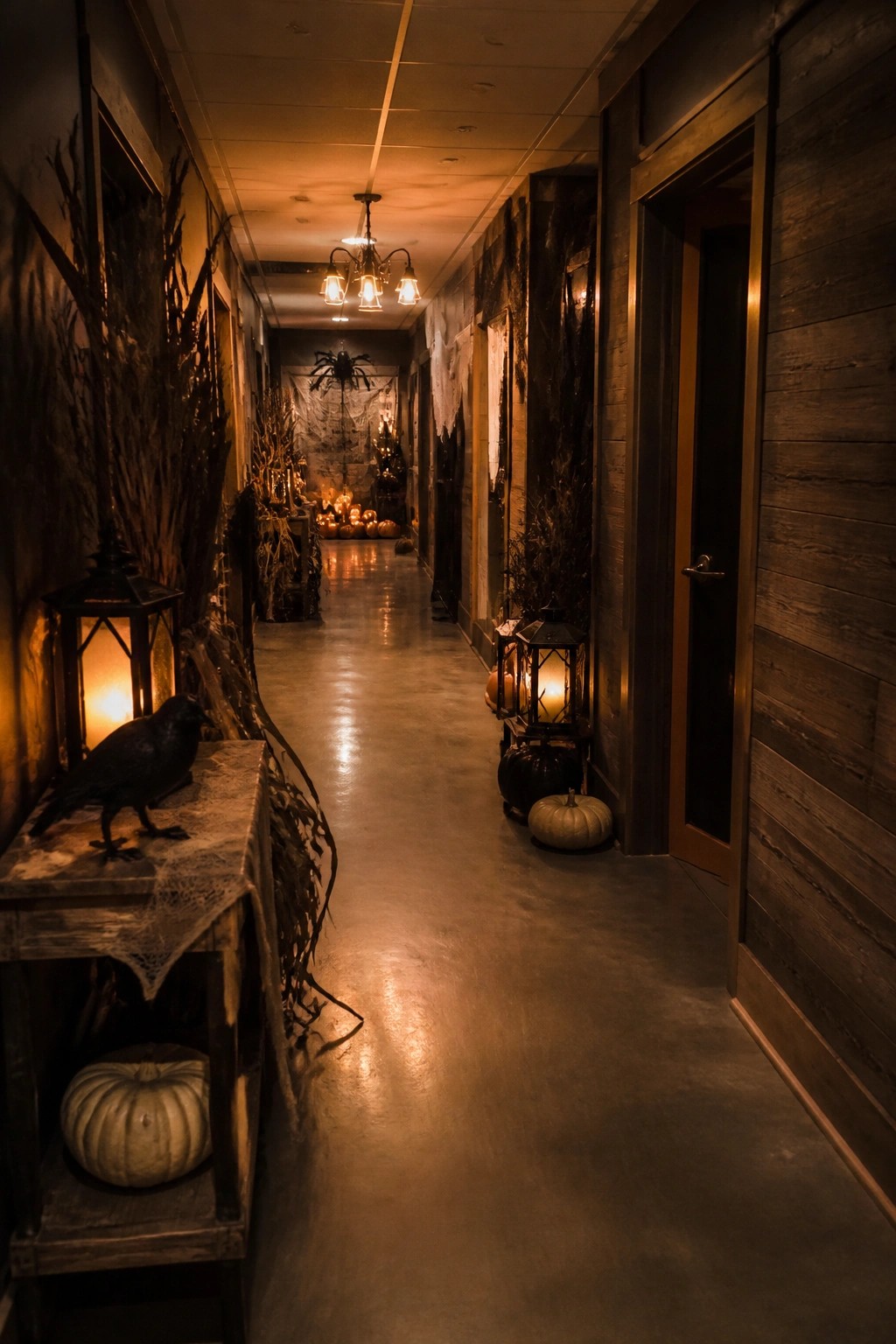 Long office hallway decorated for Halloween with a large spiderweb and spider at the far end, lanterns, pumpkins, and a black crow on a side table.