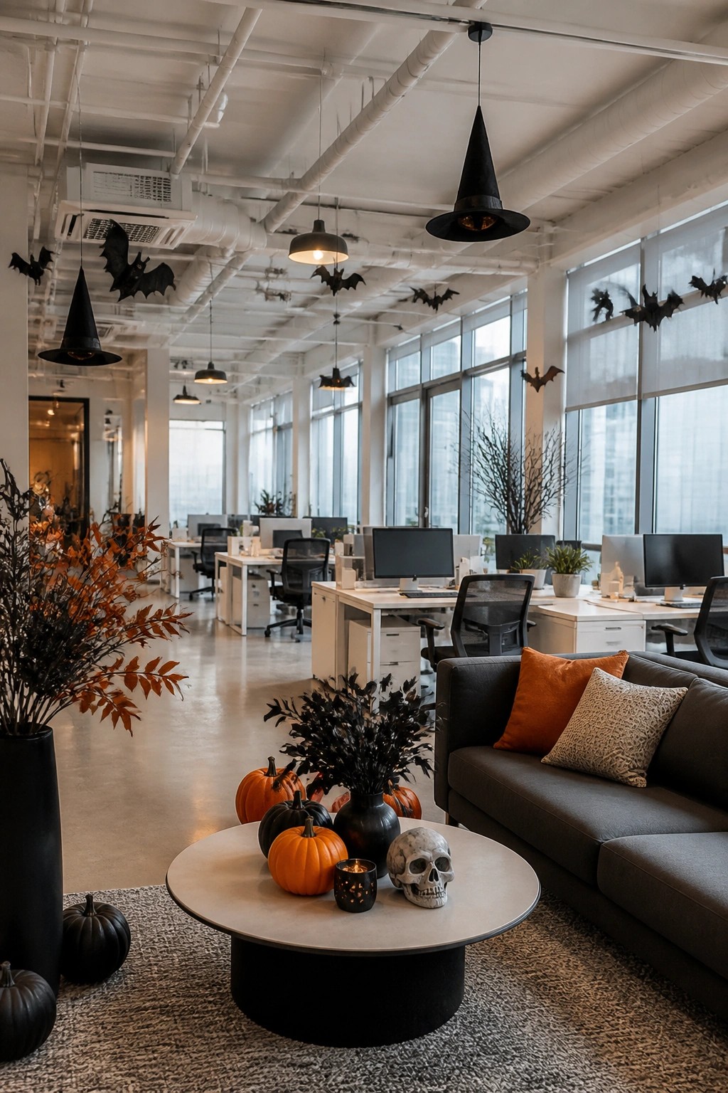 Modern office lounge with gray sofa, pumpkins, skull, bats, and witch hat lights.
