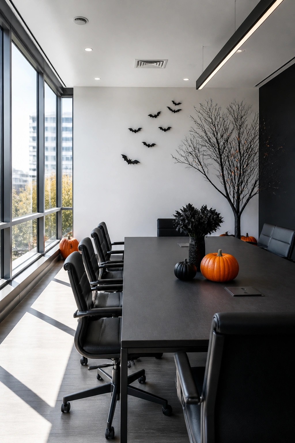 Modern office conference room with black bat decorations arranged on a white wall above a long meeting table.