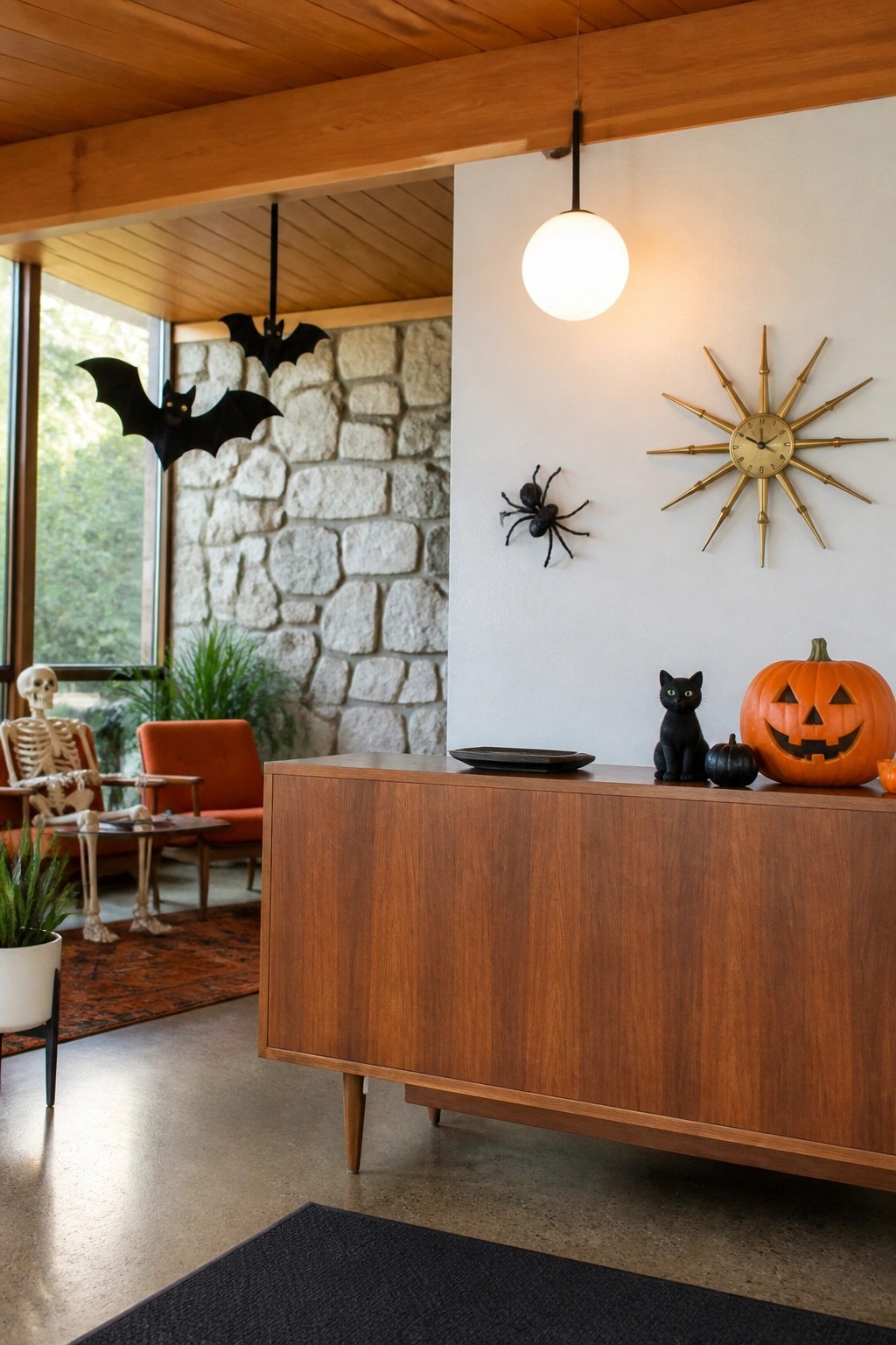 Mid-century wooden credenza with pumpkins, black cat, spider, and starburst clock.