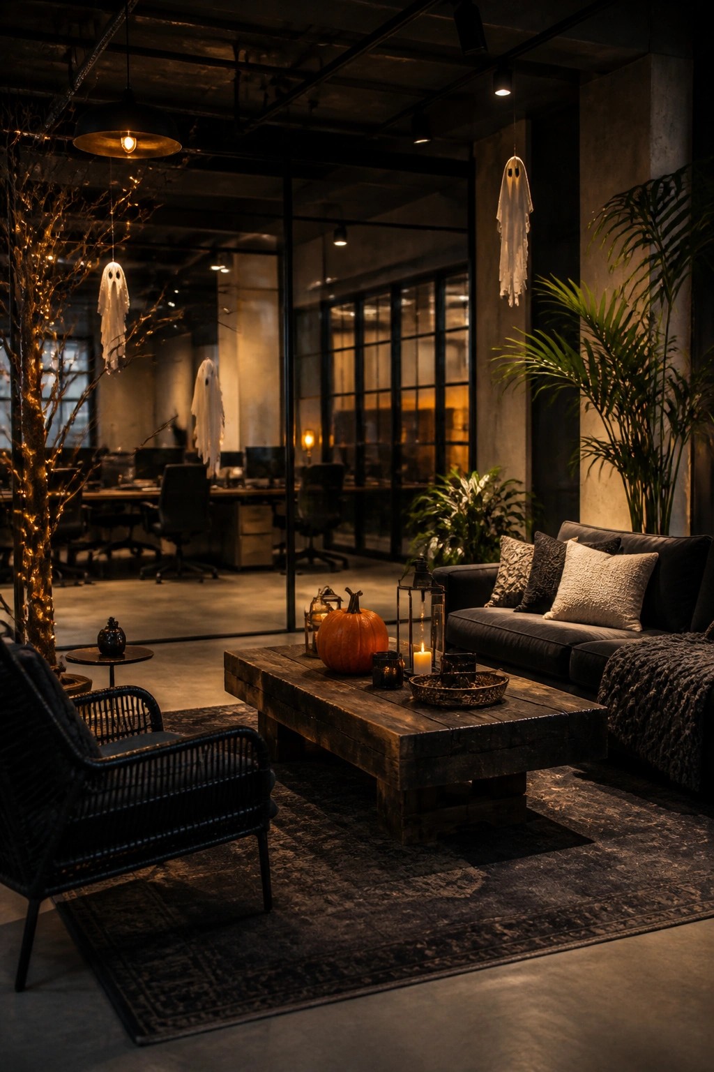 Modern office lounge with multiple white fabric ghosts hanging from the ceiling near a decorated tree, a wooden coffee table holding a pumpkin and lanterns, and a dark sofa in the foreground.