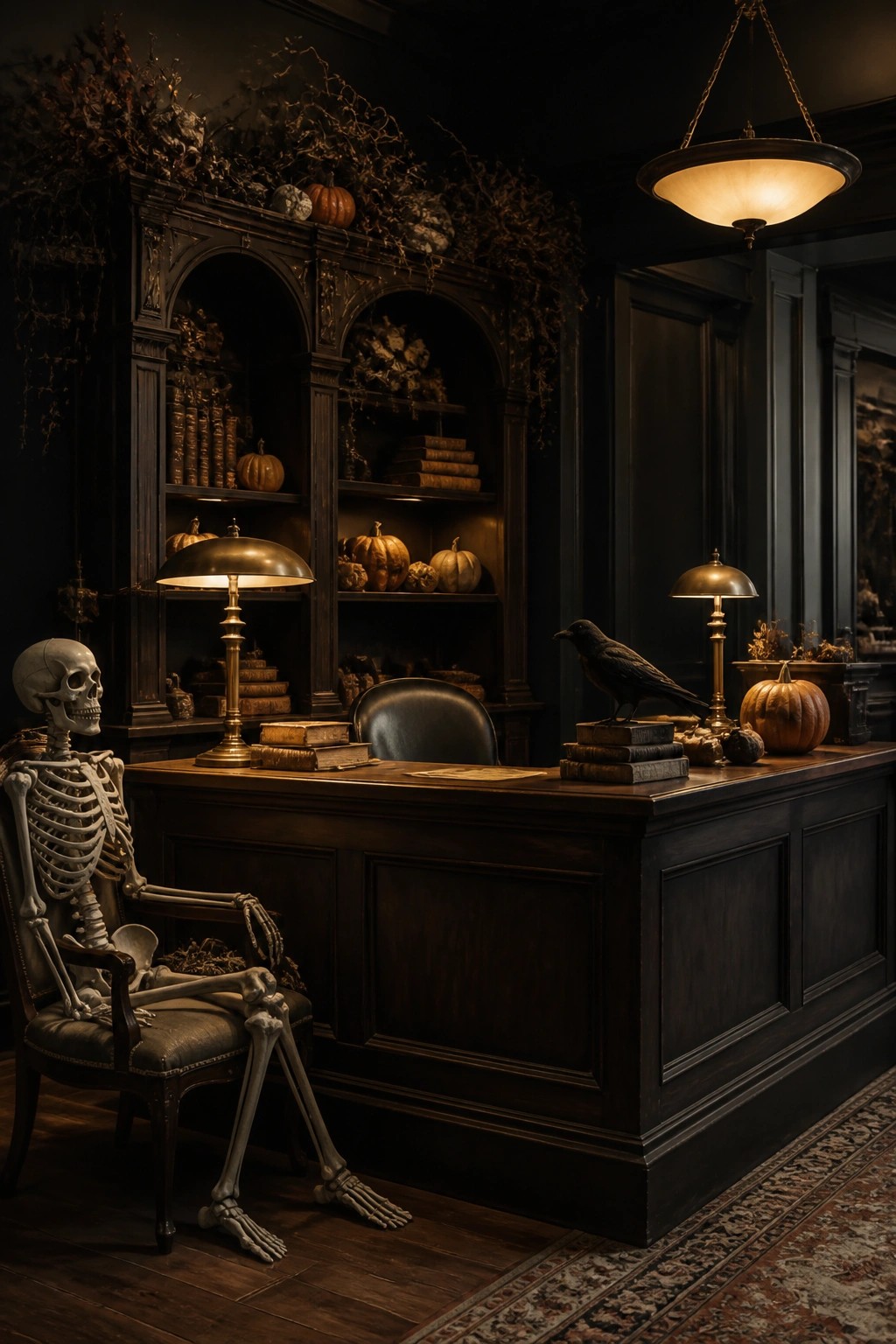 An office desk with a skeleton seated in a chair, a black crow on stacked books, pumpkins, and vintage lamps on dark wooden furniture.